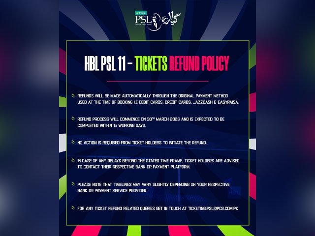 پی ایس ایل 11 کے ٹکٹوں کی رقم واپسی کا اعلان